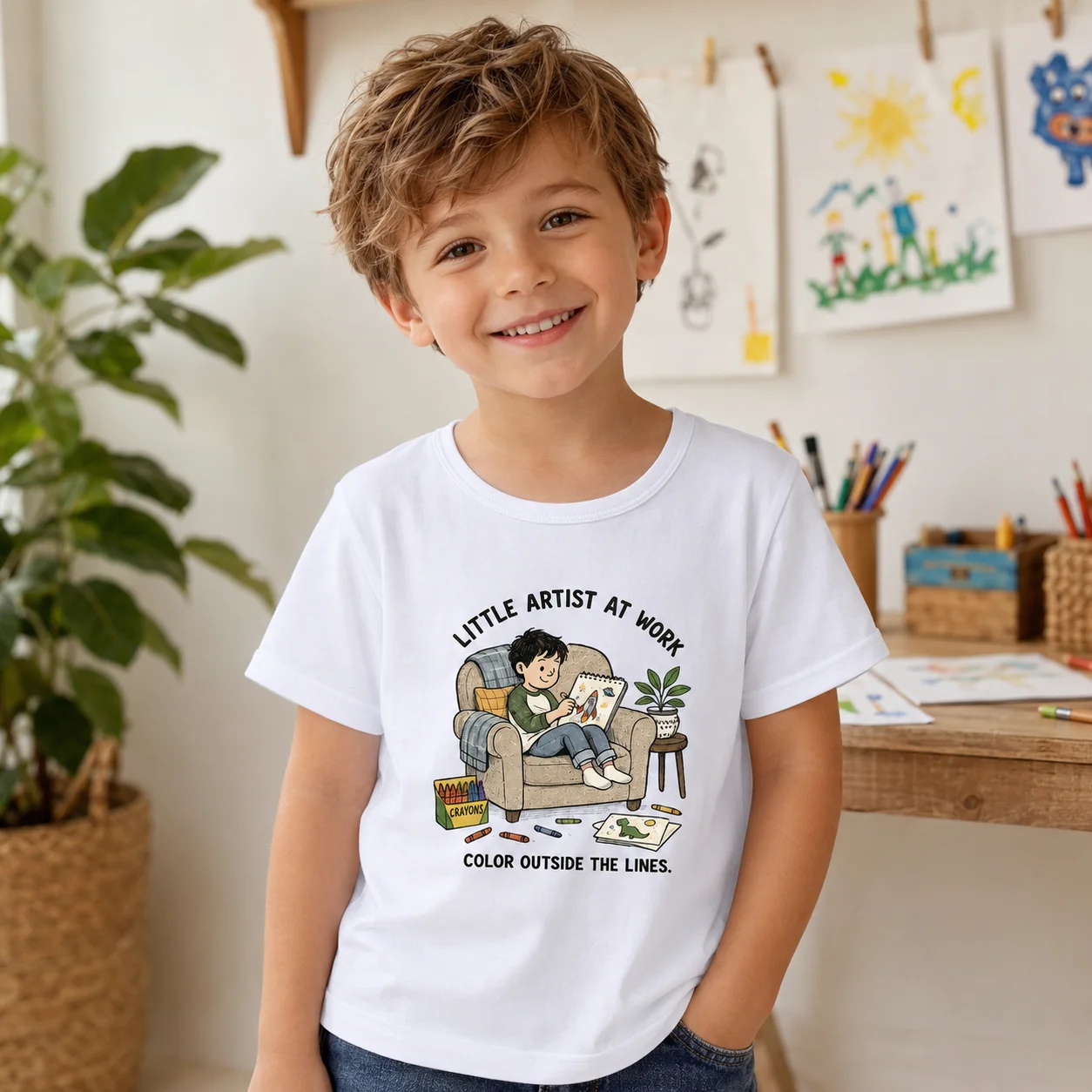 Kids Little Artist At Work Graphic T Shirt Boys Girls Cute Cartoon Drawing Print Short Sleeve Tops Summer Soft Cotton Crew Neck