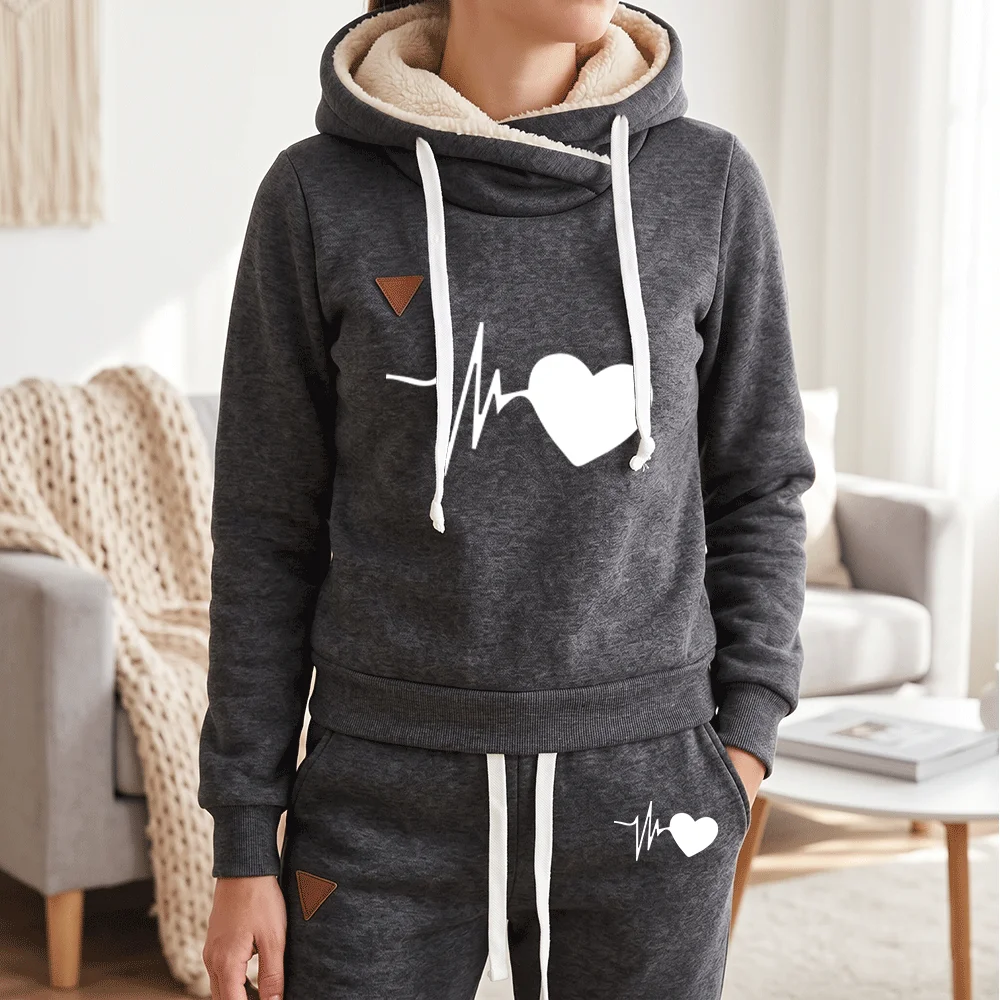 Winter Warm 2 Piece Set Women Fleece Tracksuit Heart Print Pullover Hoodie and Sweatpants Casual Sportswear Jogger Matching Outf view 5
