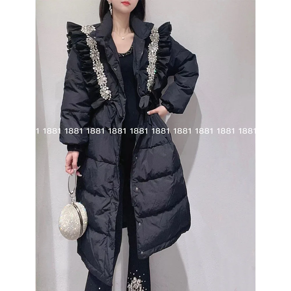 Mid-Length Jackets Female 2023 Winter New Korean Style Sweet Heavy Industry Luxury Rhinestone Thick Warm White Duck Down Coat