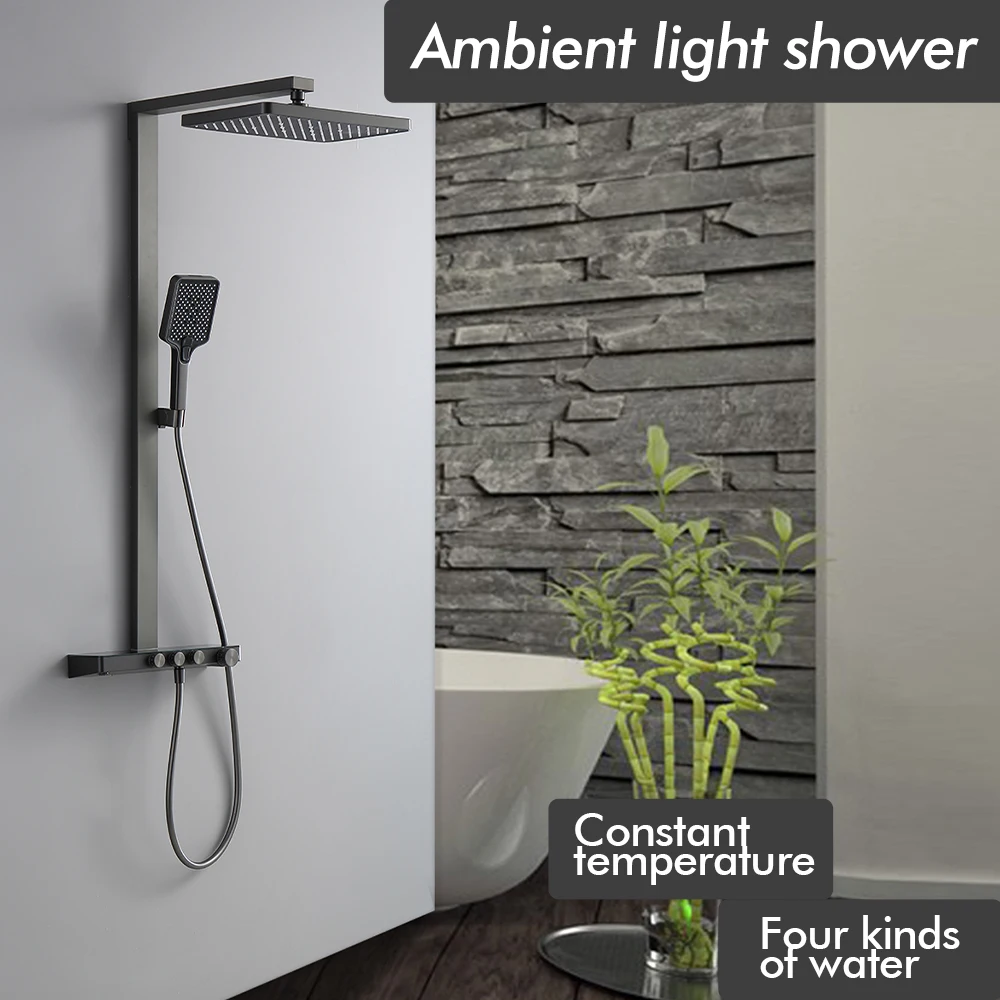 Sistem Keran Pancuran Air Panas dan Dingin 3 Jalur Model Dinding dengan Lengan Putar Putih, Keran Rainfall, Rak Kamar Mandi, Set Mixer Pancuran Warna Gunmetal