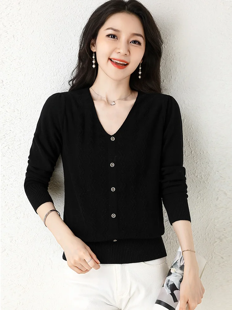 TuangBiang Autumn 2022 Wave Ribbed Button Elegant Pullover V-Neck Ladies Elegan Cotton Sweater Elasticity Winter Knitted T-Shirt