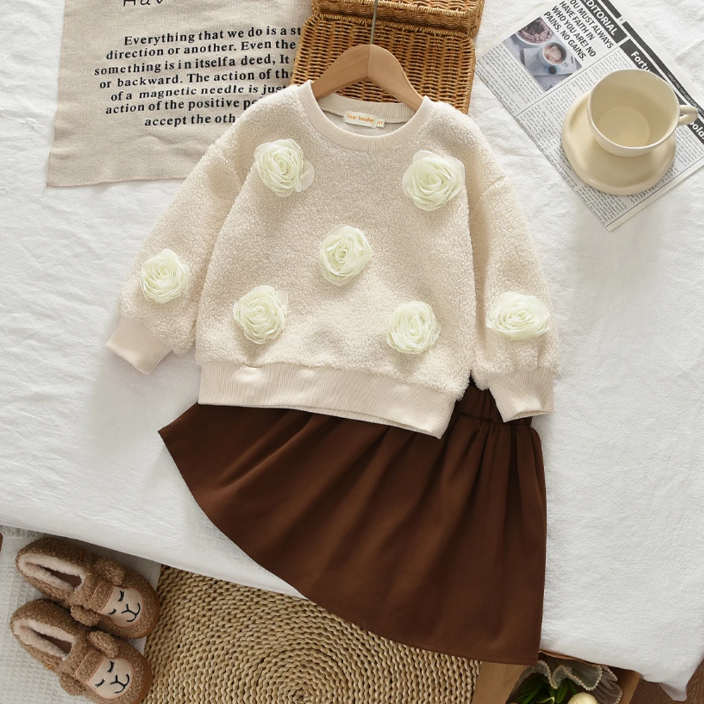 3-7 Year Old Kids Clothes Autumn Winter Fashion College Style Girls' Clothing 3D Flower Long Sleeved Plush Top+Brown Short Skirt