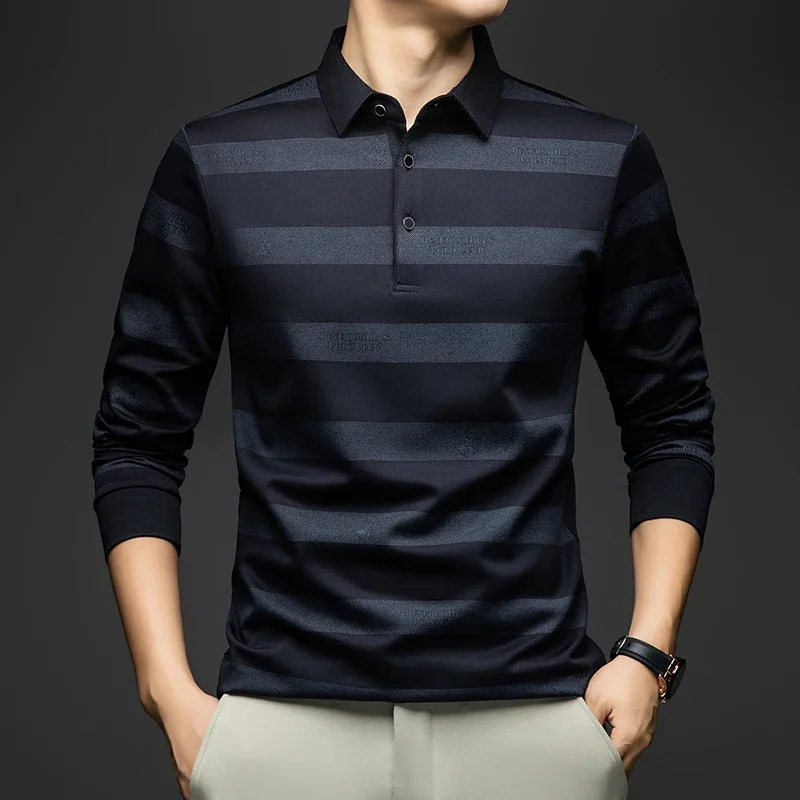 BROWON Elegant Mens Polo Shirts 2026 Spring Autumn Long Sleeve Lapel Collar Big Striped Pattern T-shirt Male New in Tops & Tees