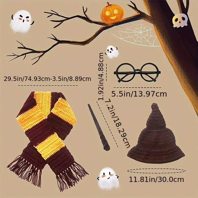 1 Set Cute Wizard Newborn Photography Props  Mixed Color Knitting Hat Scarf and Magic Wand Set for Infant Shooting Accessories view 2