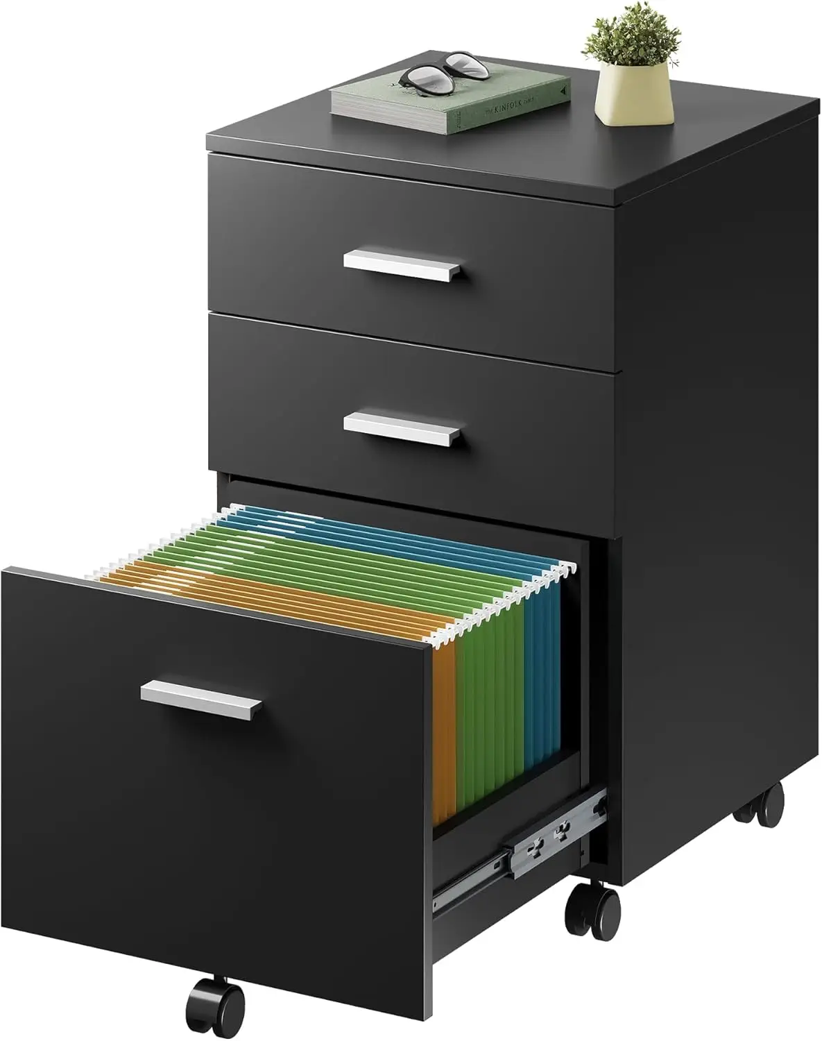 Mobiler Aktenschrank mit 3 Schubladen, Rollender Aktenschrank für Letter-/A4-Format, Druckerständer für das Home Office, Schwarz