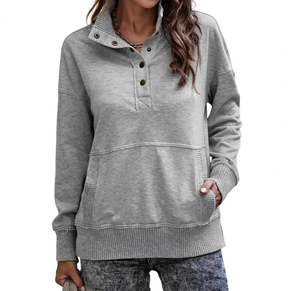 Women Sweatshirt Solid Color Stand-up Collar Sweatshirt Elegant Women's Pullover with Stand Collar Big Pocket for Fall for Work