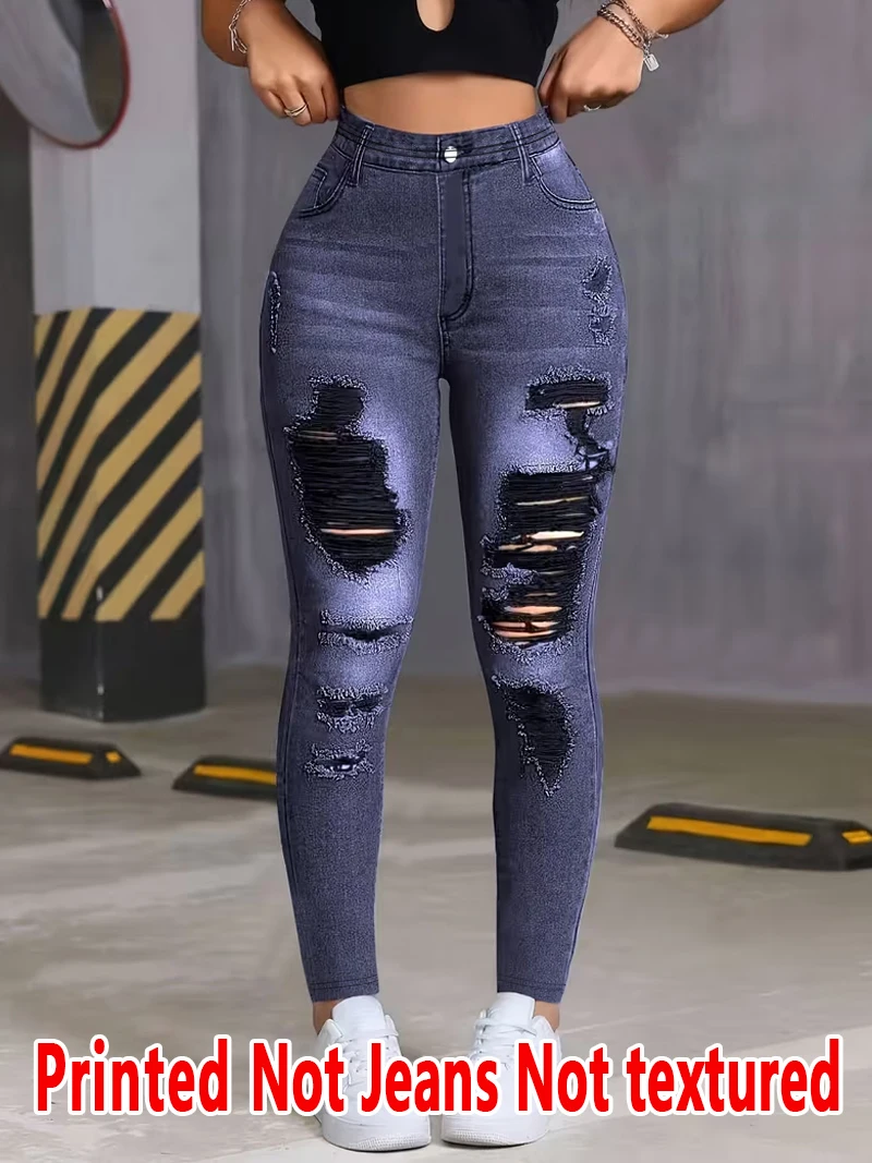 1377 Ladies Non-Leather Denim Fabric Long Pants Spring Summer Autumn Winter Print Base Layer Pants Versatile All-Season Wear
