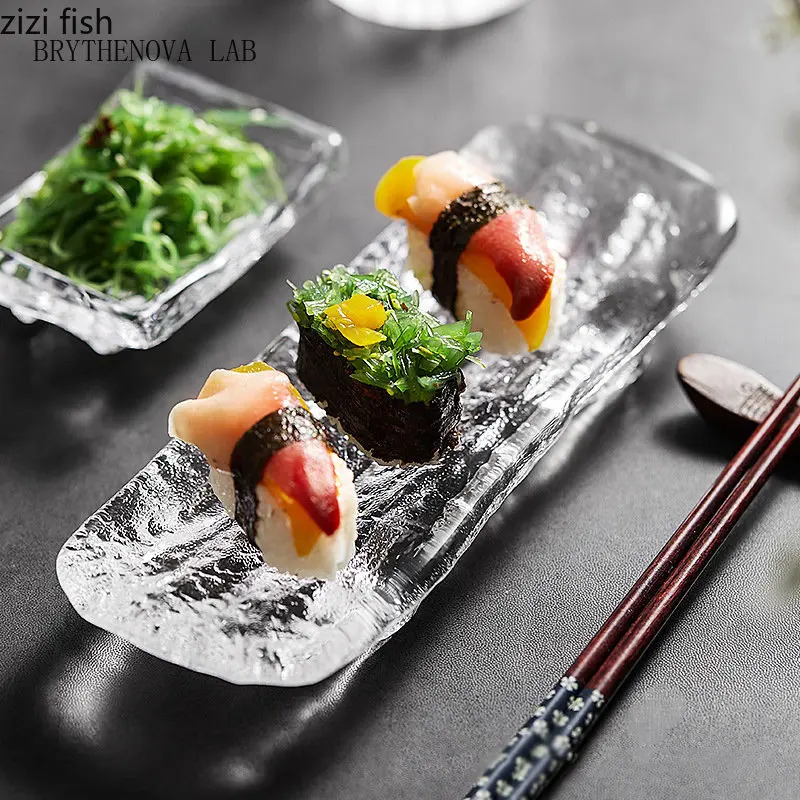Creative Rectangular Glass Sashimi Sushi Plates Cooking Dishes Simple Restaurant Tableware Snack Dessert Dish Serving Platter