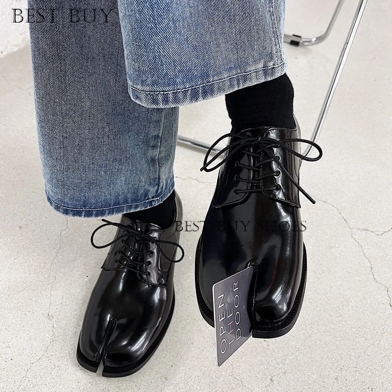 size 46 Split Toe Black Genuine Leather Men Shoes Loafers Women Comfortable Casual Business Formal Shoes Thick Sole Gilr Shoes