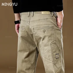 Mingyu marca nova calças de carga cáqui masculina 97% algodão grosso cor sólida trabalho wear calça casual coreano clássico jogger masculino