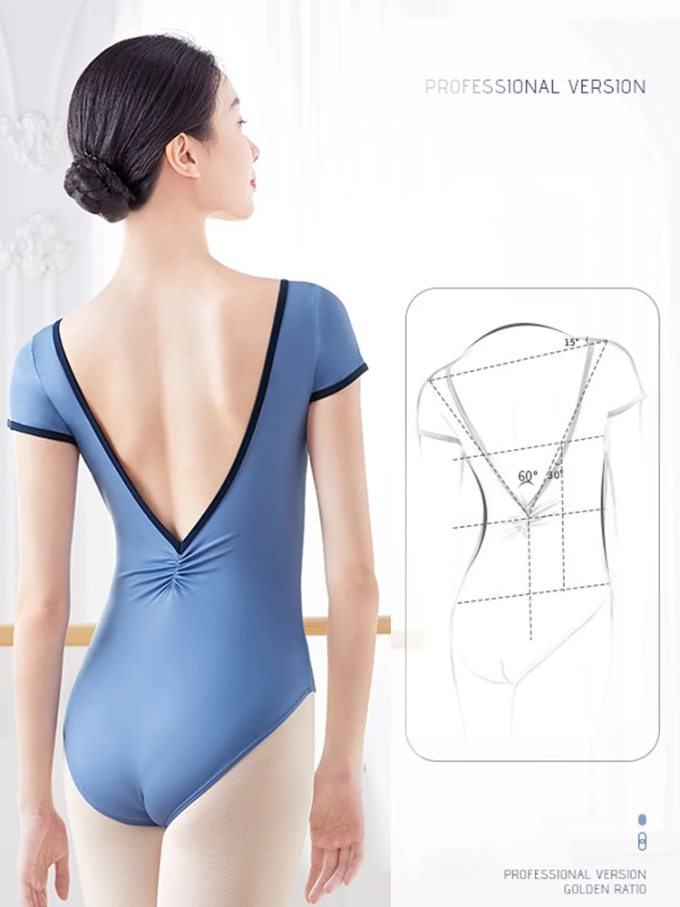 

Гимнастический костюм, балетный костюм для взрослых, гимнастический тренировочный костюм с короткими рукавами, V-образный костюм для фигурного танца с открытой спиной