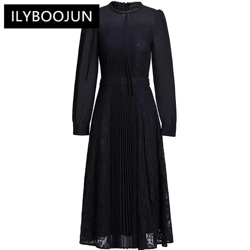 

Autumn Winter Women's Dress Long-sleeved Chic Lace Splicing High Waiste Vintage Temperament Dresses 2024 Luxury Brand