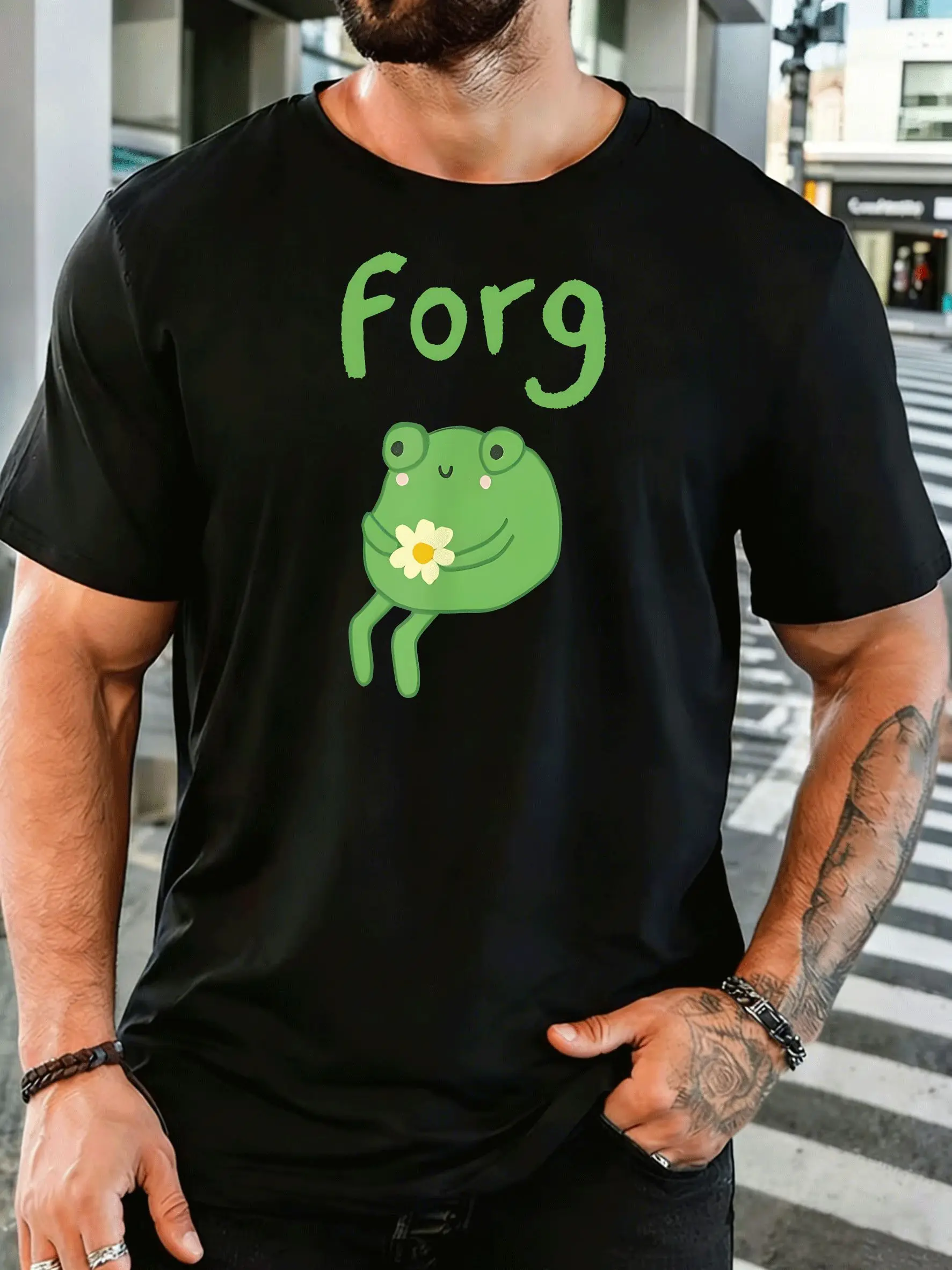 Cute Forg Frog Holding Daisy Flower Mens Front Print Shirt Simple Cartoon Graphic Tee Casual Short Sleeve Top Animal Lover Gift