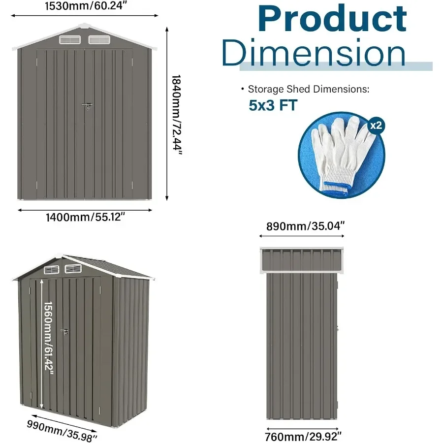 Outdoor Metal Storage Shed for Garden, Patio, Backyard Lawn Organization: All-weather Steel Construction, Gray Finish, Peaked W