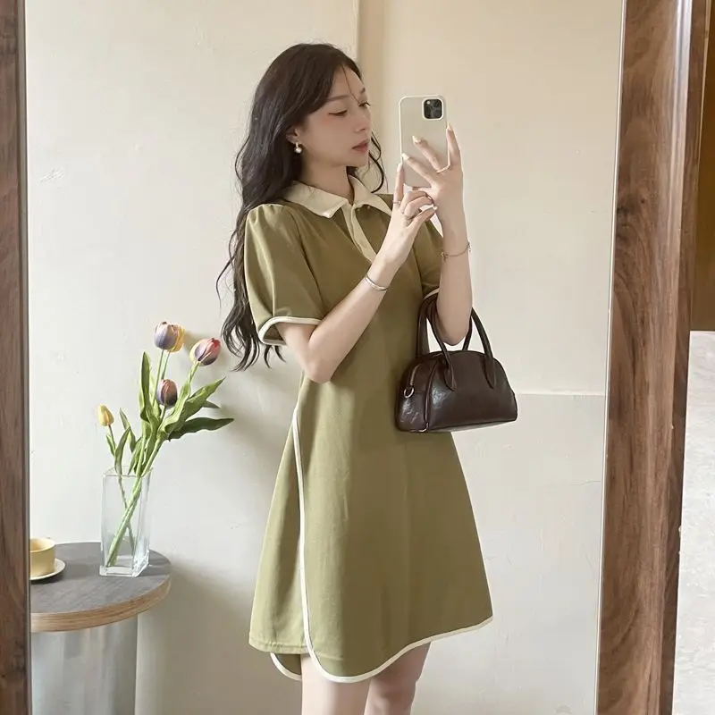 2024 Summer Puff Sleeve Women Polo Mini Dress Hem Slit Korean Popular Sweet Fashion Casual 2xl Clothing Sports Golfs Black Green