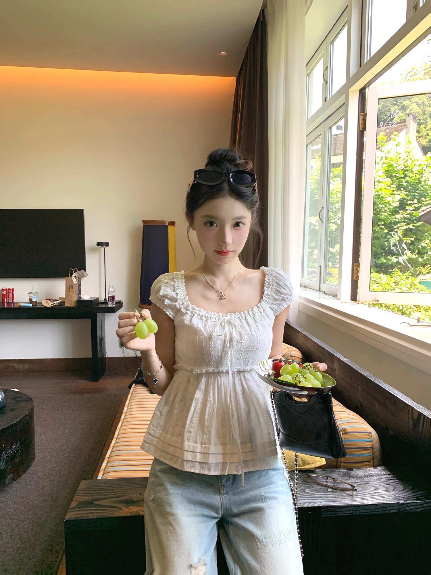 

Ele White Cotton ort Sve irt with Belt for Women Chic Busin Casual Sle Breathable Thin Material Summer Top