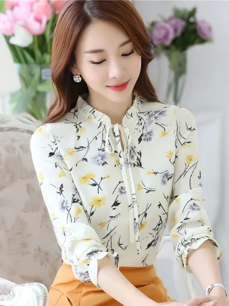 Women Spring Autumn Style Blouses Shirts Lady Casual Long Sleeve Bow Tie Collar Flower Printed Blusas Tops