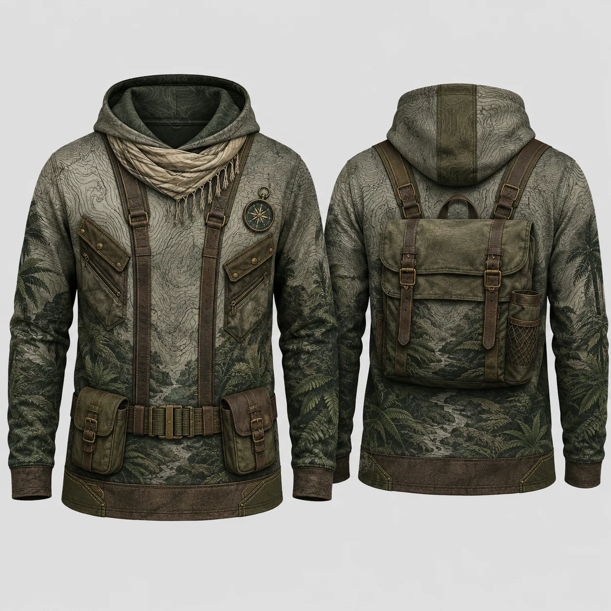 Vintage Tactical Explorer Hoodie Men Olive Green 3D Sublimation Print Flat Graphic Pullover Sweatshirt Outdoor Streetwear