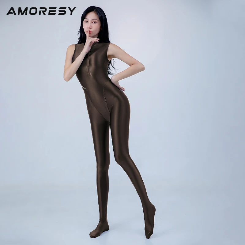 AMORESY 글로스 고탄성 타이트 테일 웨이브 서핑 원피스 프론트 지퍼, 요가 롤플레잉 수영복