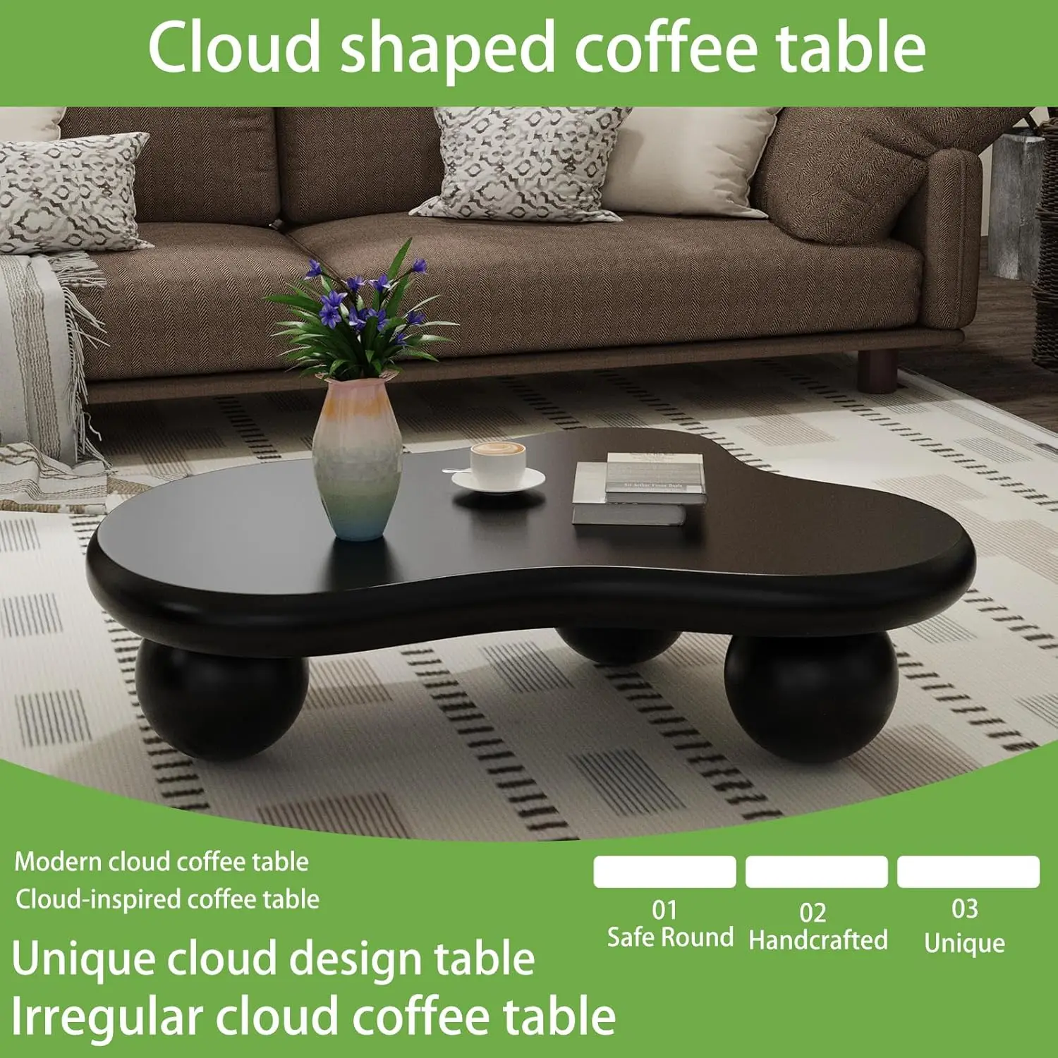 Black Cloud Coffee Table Modern Unique Coffee Table For Living Room Irregular Asymmetrical Center Table For Farmhouse