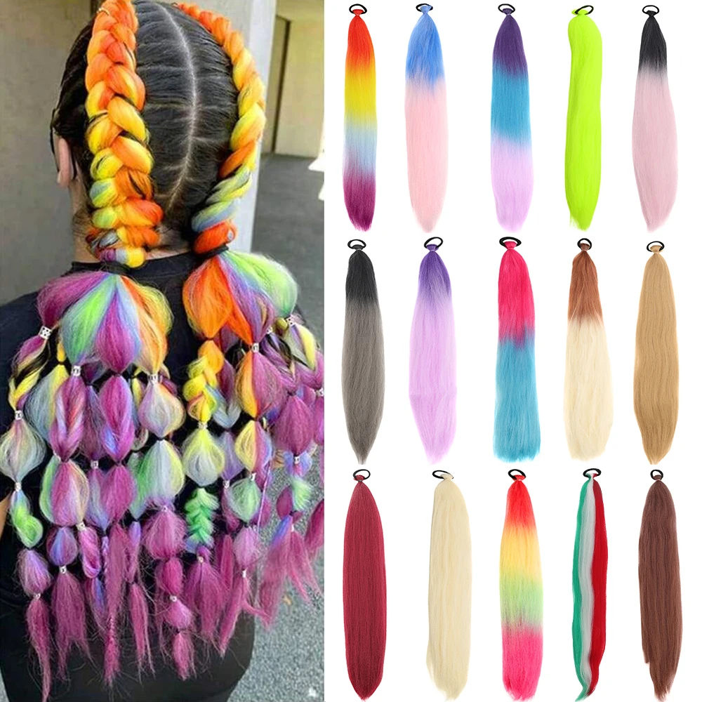 Colorful Hair Extensions Ombre Braid Ponytail Blend Hair Tinsel with Hair Tie Crazy Hair Day Accessories For Women Girls