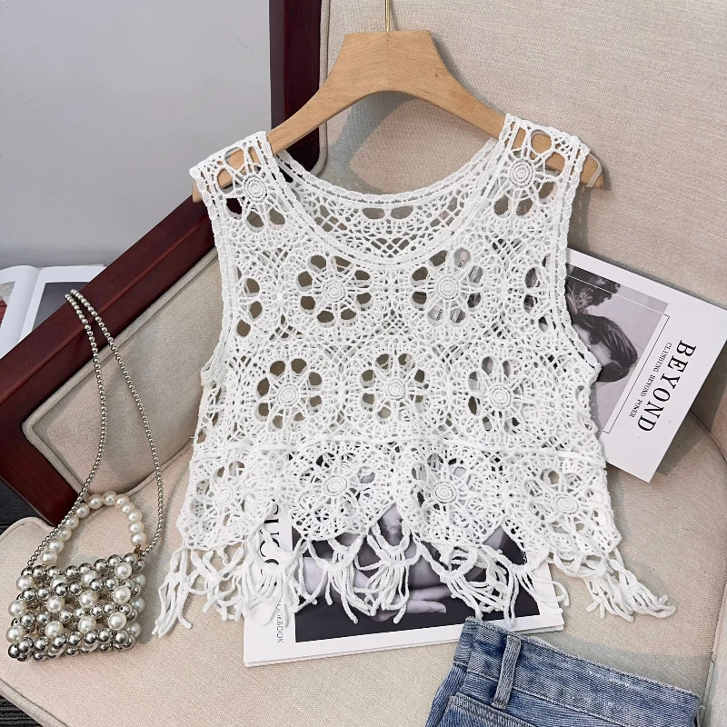 Boho Fringe Crochet Top Sleeveless Open-knit Vest Tops Summer Beach Cover Up Women Vacation Outfit