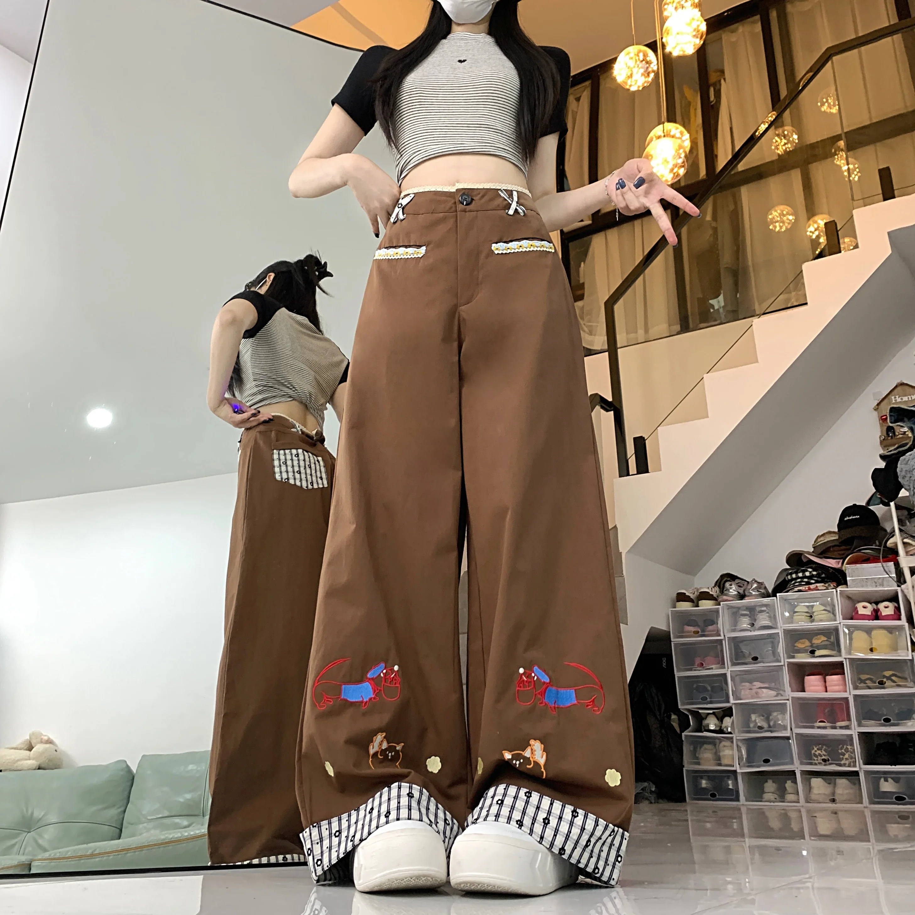 

Women's Cute Dog Embroidery Wide Leg Pants Lady Spring Summer Casual Streetwear High Waist Patchwork Loose Full Length Pants