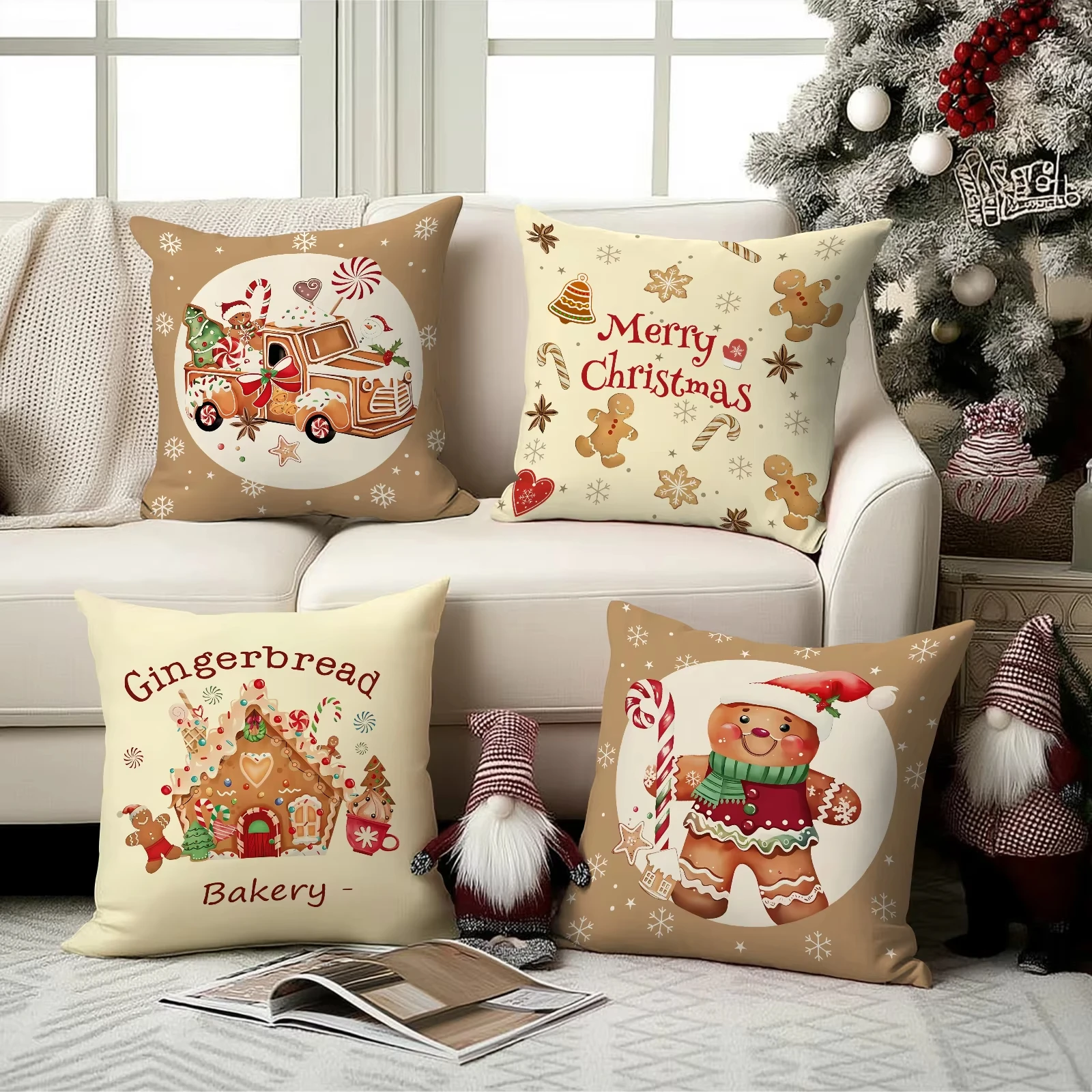 Khaki Christmas Pillowcases, Candy Gingerbread Bakery Design Cushion Covers for Winter Holiday Home Sofa Decor
