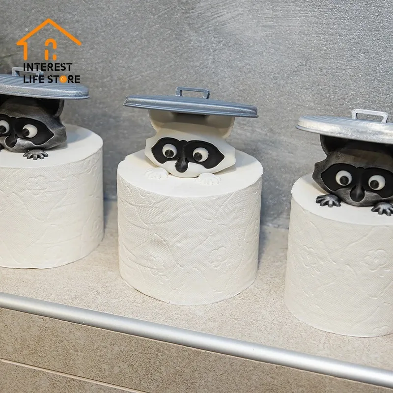 New Hot Unique Cute Raccoon Toilet Paper Holder Playful Bathroom Accessory with Trash Can Lid Cover Gift Idea Funny Home Decor