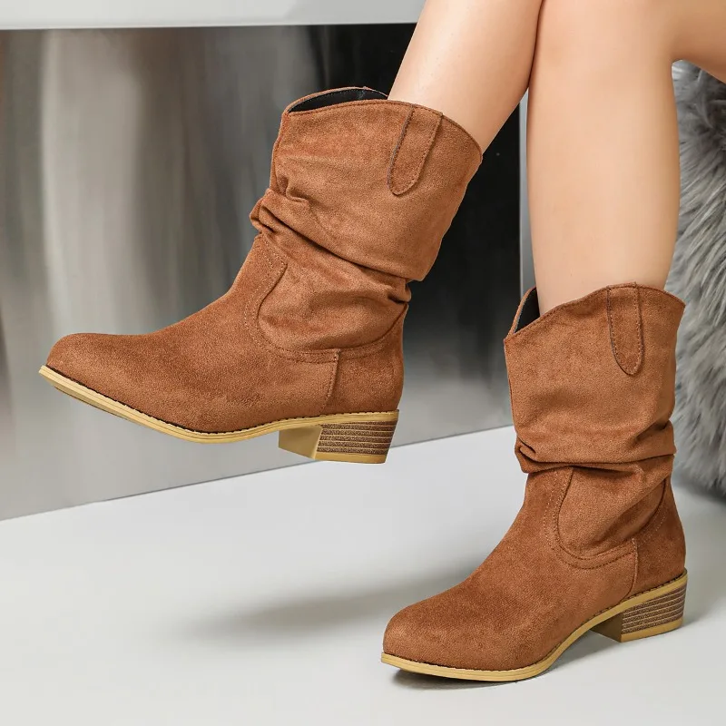 Women Brown Suede Mid Calf Boots 4cm Block Heel 20cm Slouch Shaft Wearproof Sole Slip-on Casual Autumn Winter Daily Shoes