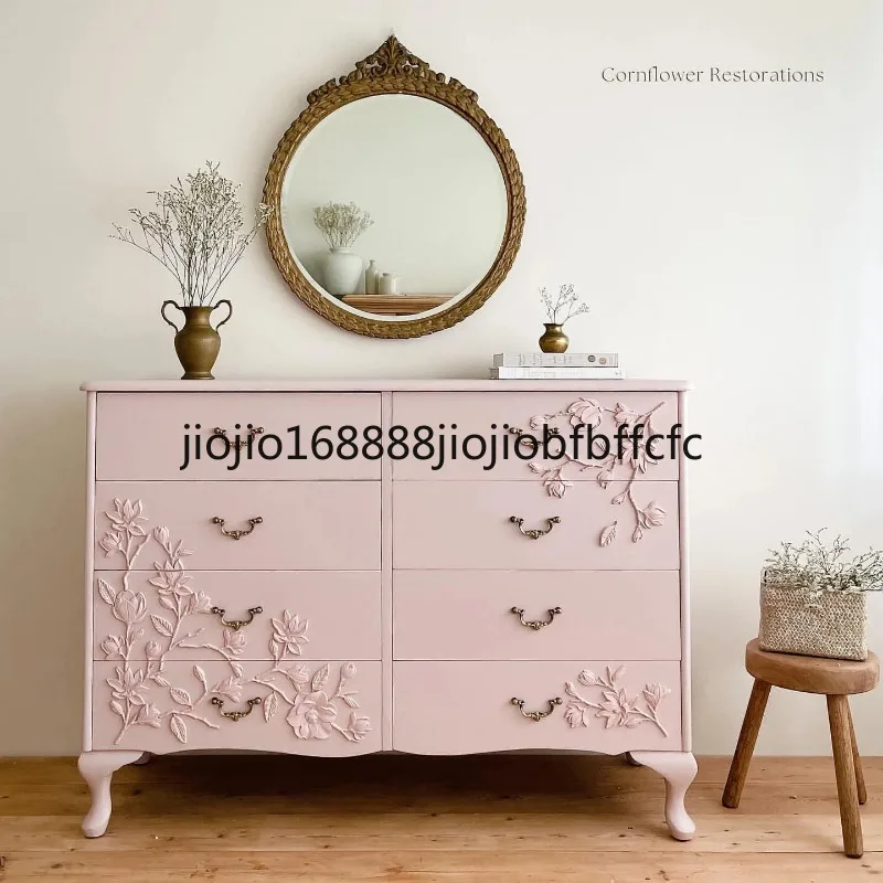 Suitable For French Retro Solid Wood Pastoral Hand-carved Pink Living Room Wall Chest