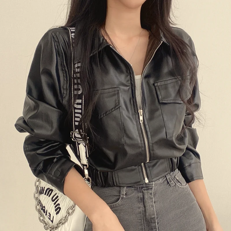 جاكيت جلدي قصير أنيق للنساء، تصميم عصري لفصل الخريف مع سحاب، أكمام طويلة، ياقة عالية، جيبان، جاكيت راكبي الدراجات النارية الأنيق