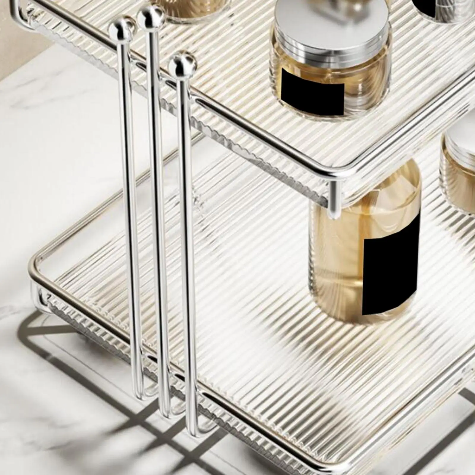 Clear Acrylic 2 Tier Countertop Organizer Storage Tray Bathroom Vanity Shelf Stainless Steel Frame Rack for Makeup Cosmetics