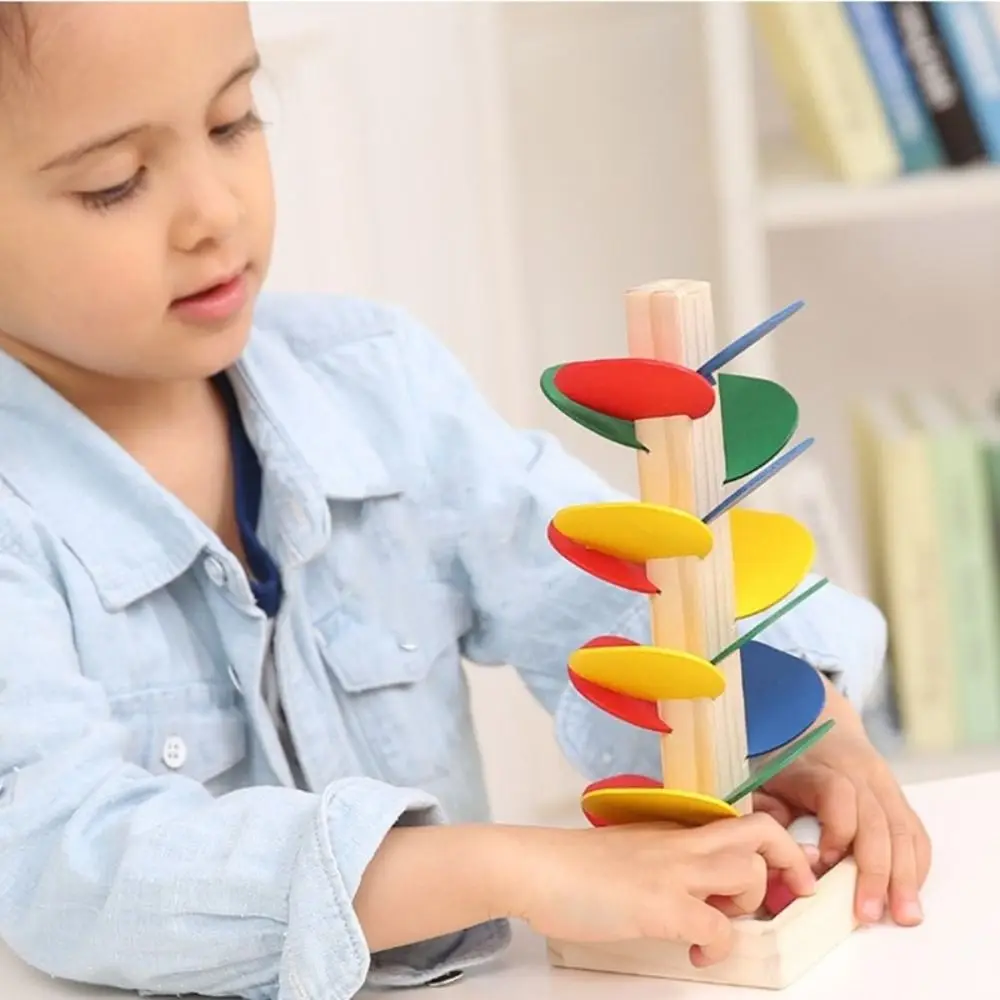 Juego de pista para correr con hojas de arcoíris, juego de pista giratoria de árbol de madera, aprendizaje temprano, bloques de construcción de pista para correr con pelota Montessori, 1 Juego