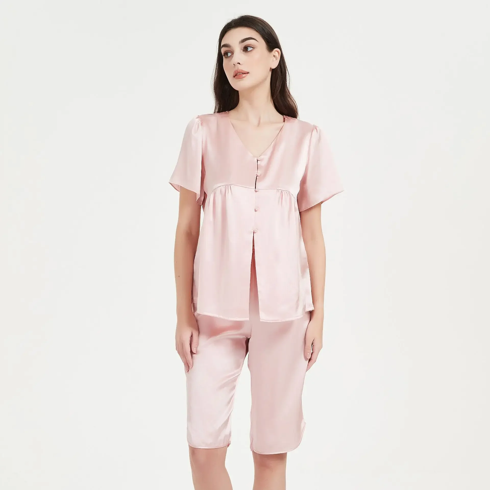 طقم بيجامة حريرية مكون من قطعتين للسيدات 100% ملابس صيفية من حرير التوت PJ برقبة على شكل حرف V وأزرار أمامية وأكمام قصيرة وسروال متوسط الفخذ #3