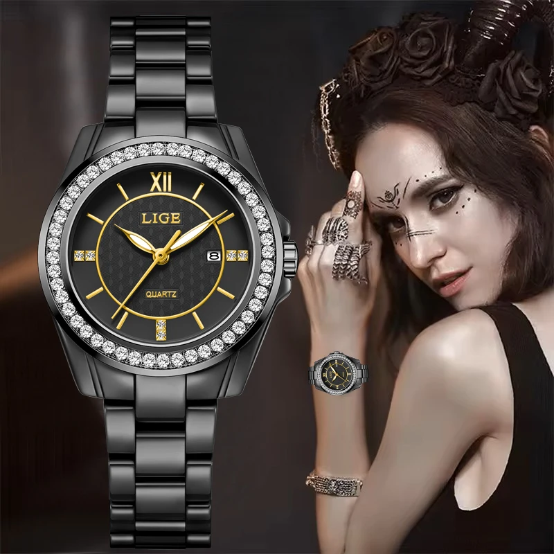 LIGE New Luxury Women's Quartz Watch Black Gold Diamond Bezel Bracelet Watch for Women Fashion Elegant Ladies Wristwatch Gift