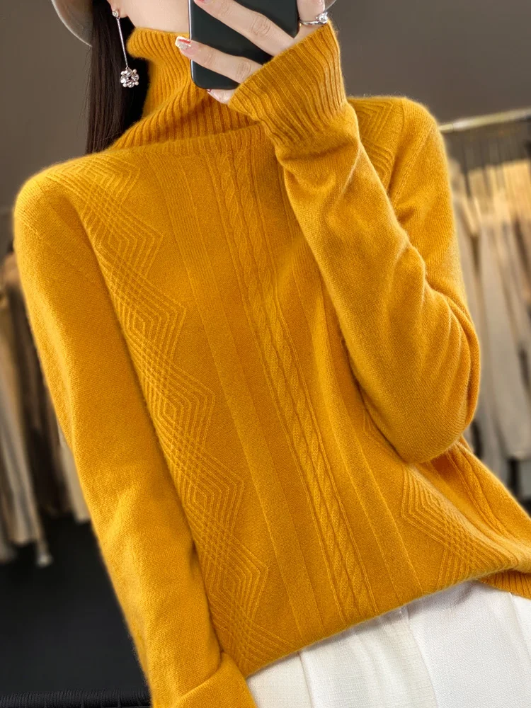 New Women's Turtleneck Pullover 100% Merino Wool Sweater Autumn Winter Thick Long Sleeve Cashmere Knitwear Female Clothes Top  ﻿