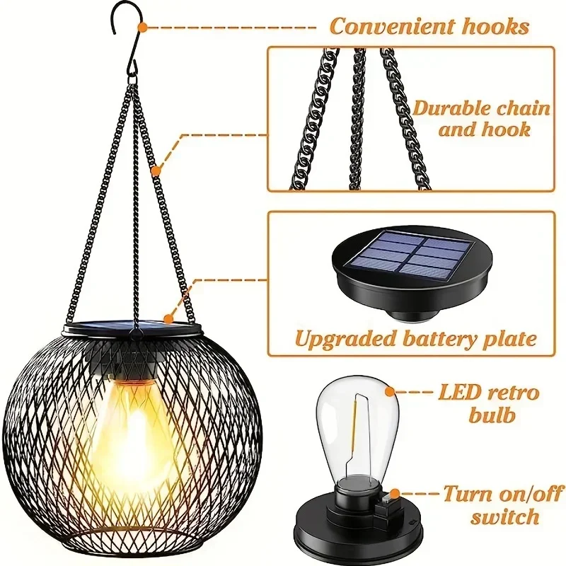 Lámpara LED Solar cálida para exteriores, luz decorativa colgante de alto brillo para jardín, patio, lámpara de árbol de Metal impermeable