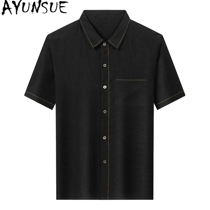 AYUNSUE Brand 100% Mulberry Silk Man Shirts Luxury 2025 Solid Color Black Short Sleeve Shirt Men Clothes Casual Loose Tops 반팔 남방