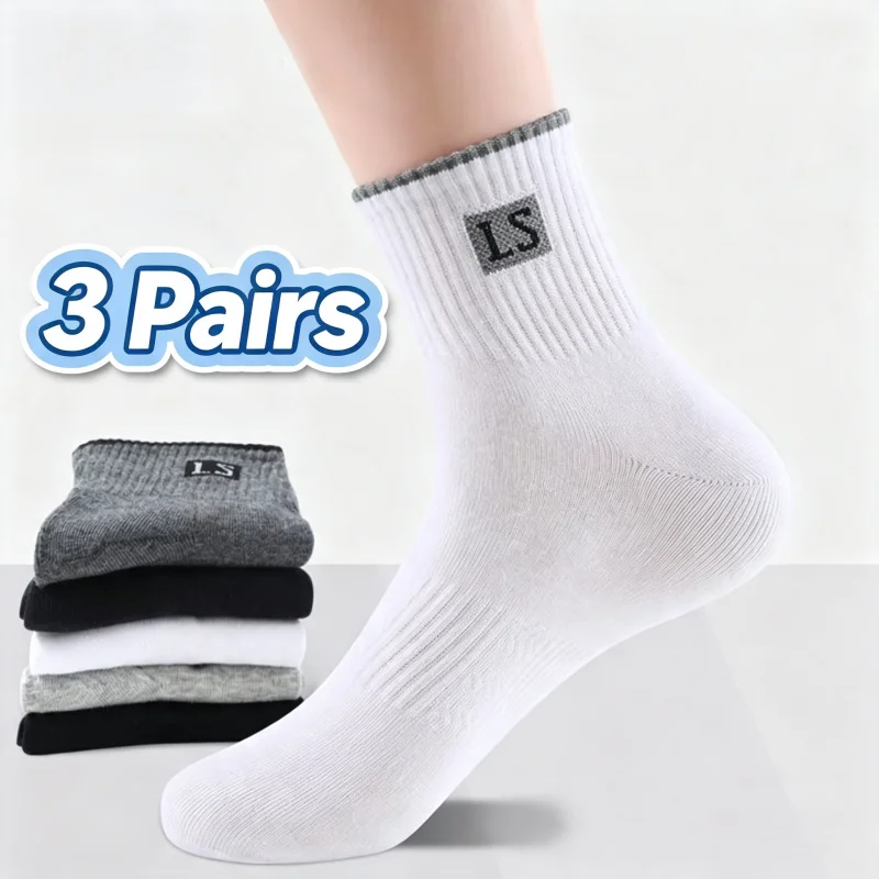 3 Pairs/Lot Men's Breathable Sweat Wicking Sports Socks Simple Versatile Casual Business Socks Male Daily Wear Mid Calf Socks