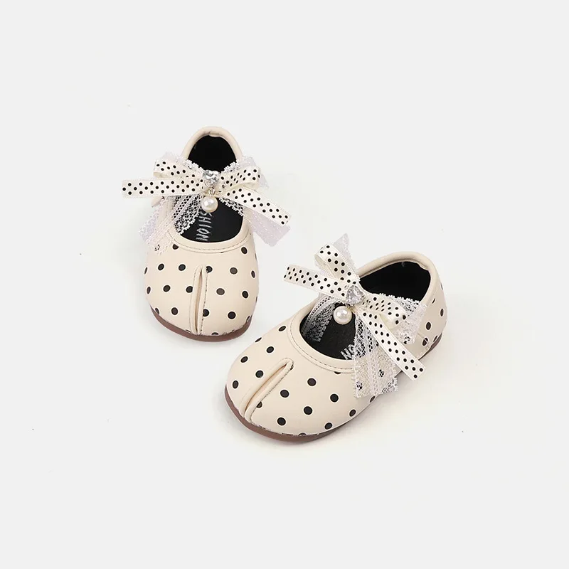 Girls Dotted Lace Breathable Mesh Ballet Flats kid's Bow Retro Flexible Sole Shoes Princess Casual Pumps Practice Performance