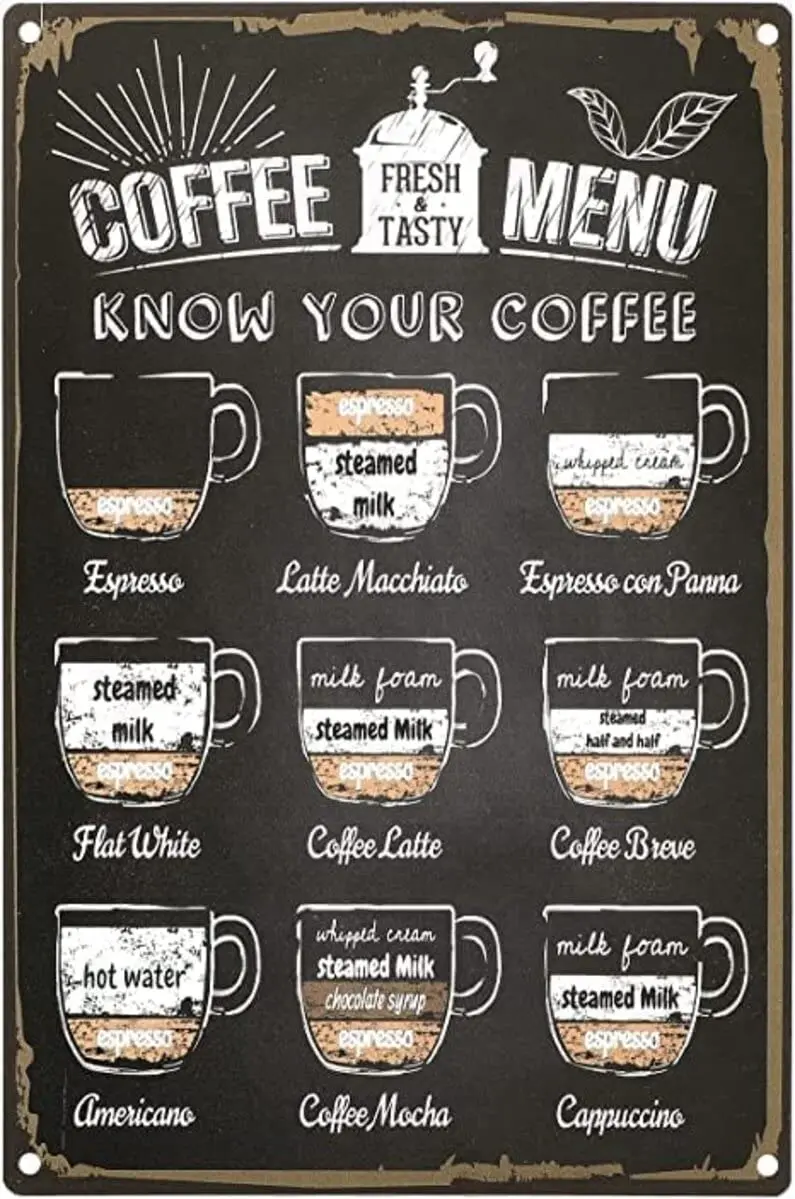 Coffee Menu Sign Coffee Sign Vintage Coffee Bar Decor Metal Coffee Bar Sign Know Your Coffee Tin Sign Coffee Menu Wall Deco sign