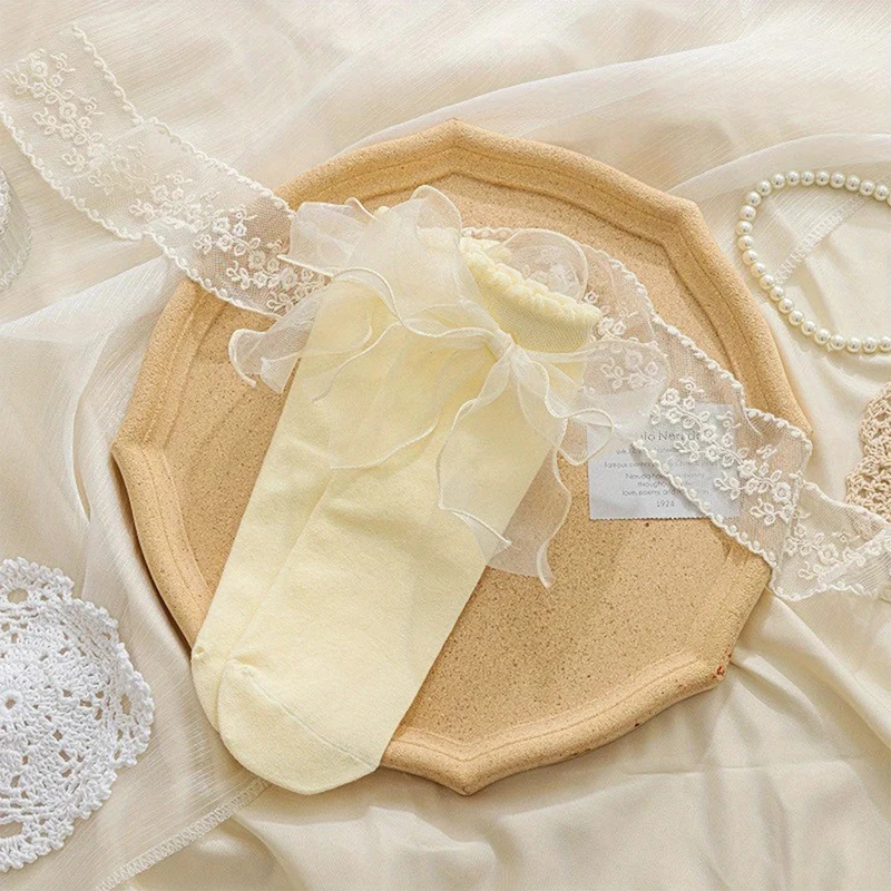 1/3 Paar Männer Frauen Bogen Plissee Socken Modische Band Süße Prinzessin Stil Salat Grenze Atmungsaktive Paar Casual Socken – Detail 12