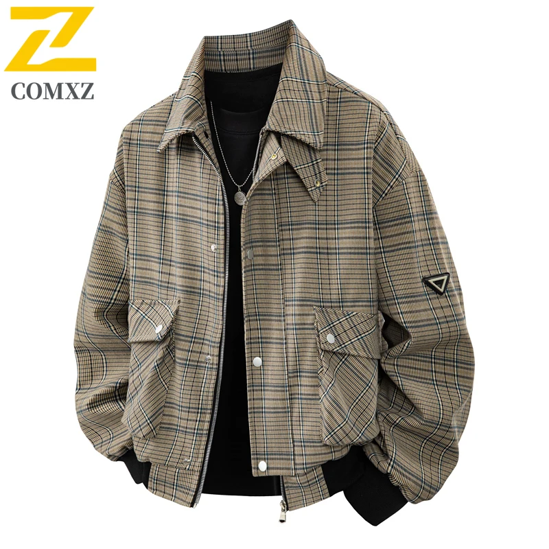 

COMXZ Jacket Men 2025 Checkered Stripe Trendy Versatile Loose Breathable Collar Jacket Outdoor Casual Korean Edition Quality Top