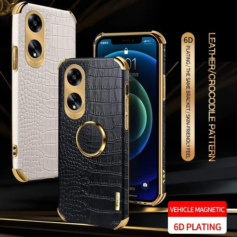 Crocodile Plating Case For OPPO A78 A58 A38 A18 A98 5G A17 A57 A57S A77S A96 A76 A16 A54S A74 Protective Cover Ring Holder Coque