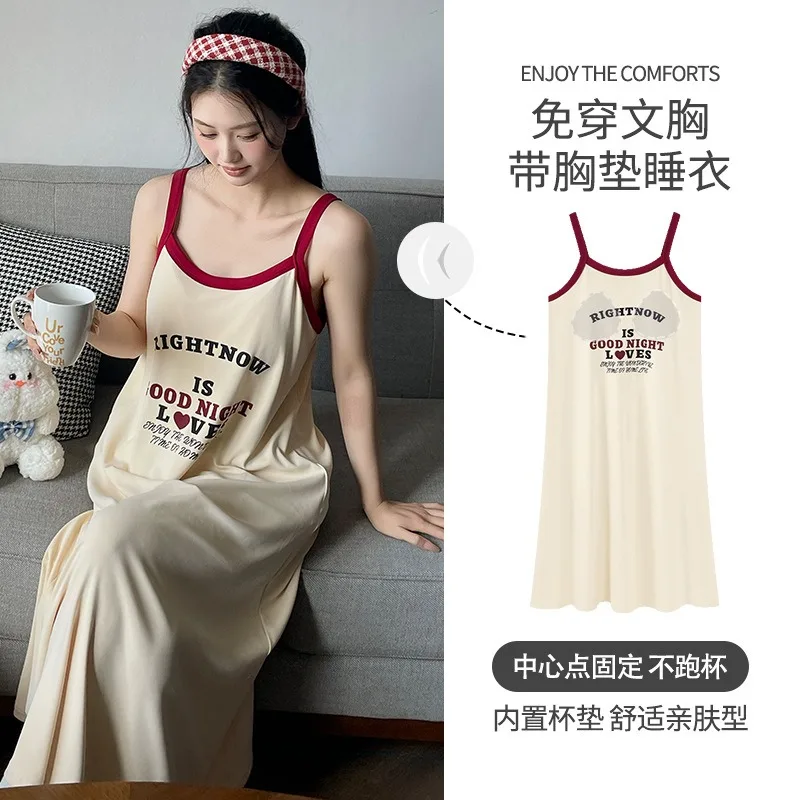 3XL Große Größe Pyjamas Langes Kleid mit Brust Pad Koreanische Badeort Maxi Kleid Sommer Hosenträger Nachthemd Kann Draußen Tragen