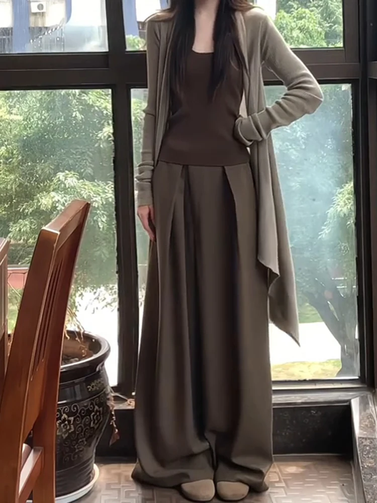 Extended 80cm Tall Women's Wide Leg Pants Pleated Loose Fit Floor Length Casual Straight Cut High Waist Skinnifng Effect