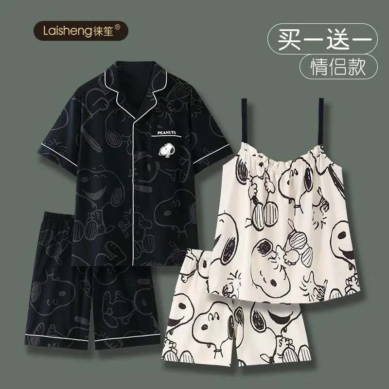 2Pcs Peanuts Snoopy Couple Pajama Set Men Short Sleeve Shirt Short Women Sling Nightdress Soft Cartoon Print Loungewear Homewear
