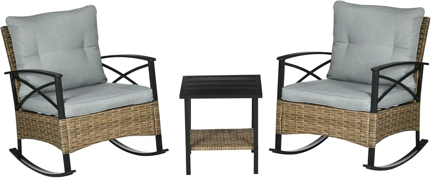 

3 Piece Patio Rocking Chair Set, Outdoor Wicker Bistro Set with 2 Cushioned Porch Rockers and 2 Tier Coffee Table for Garden