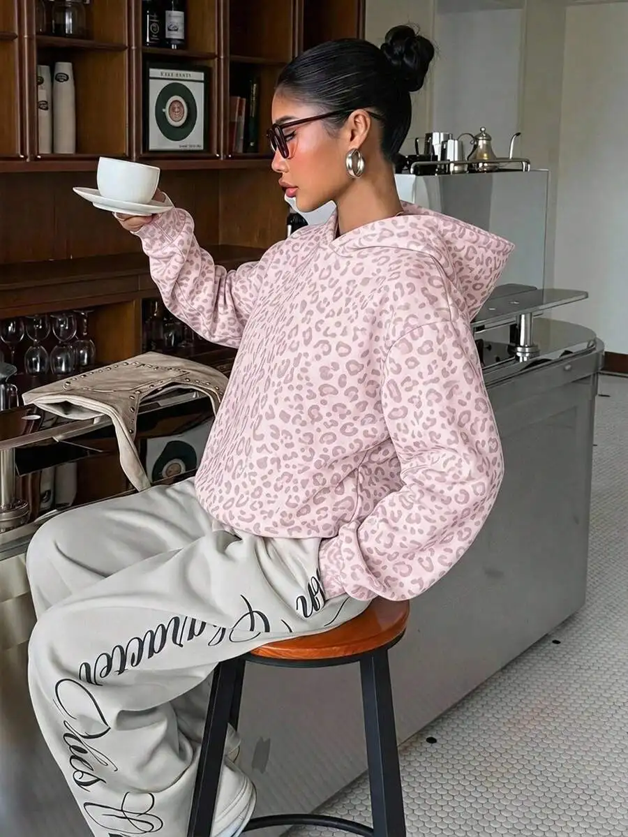 Women's Autumn Winter Leopard Print Long Sleeve Hooded Pullover Sweatshirt